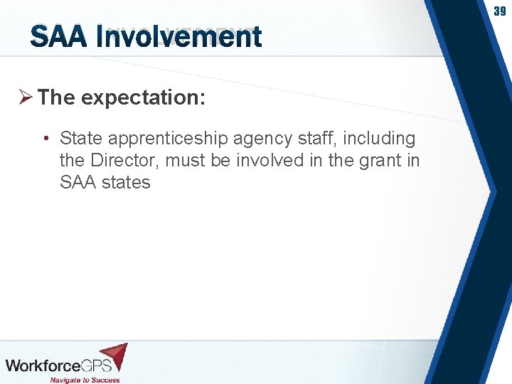 SAA INVOLVEMENT Ø The expectation: • State apprenticeship agency staff, including the Director, must