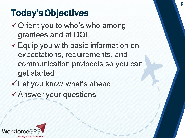 5 ü Orient you to who’s who among grantees and at DOL ü Equip