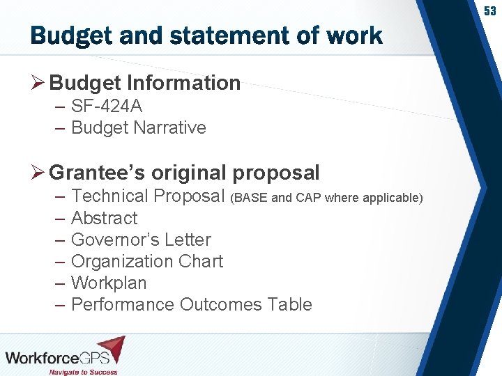 53 Ø Budget Information – SF-424 A – Budget Narrative Ø Grantee’s original proposal
