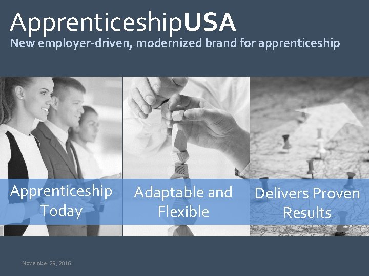 Apprenticeship. USA New employer-driven, modernized brand for apprenticeship Apprenticeship Today November 29, 2016 Adaptable