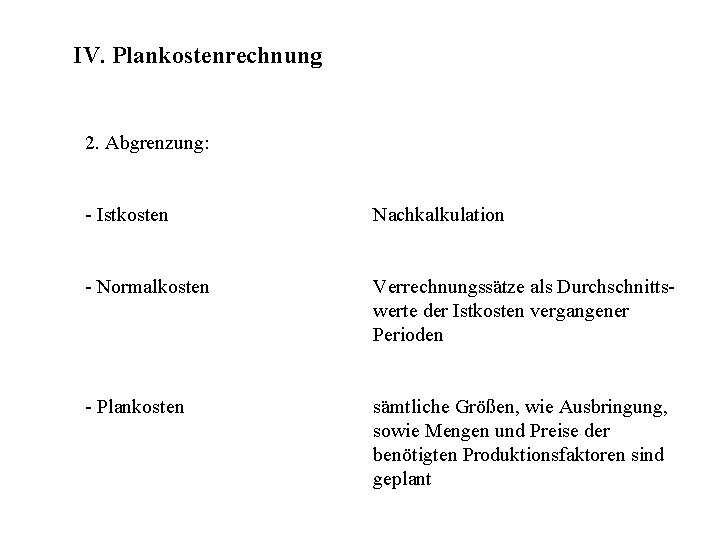 IV Plankostenrechnung 1 Aufgaben Planung des Betriebsablaufs Kontrolle