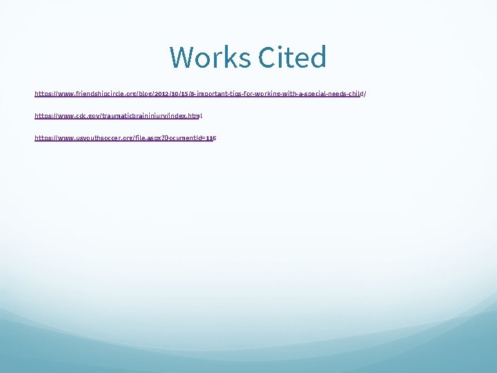 Works Cited https: //www. friendshipcircle. org/blog/2012/10/15/8 -important-tips-for-working-with-a-special-needs-child/ https: //www. cdc. gov/traumaticbraininjury/index. html https: //www.