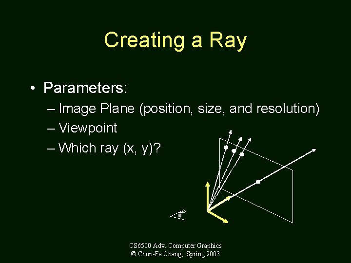 Creating a Ray • Parameters: – Image Plane (position, size, and resolution) – Viewpoint