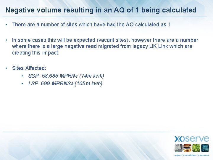 Negative volume resulting in an AQ of 1 being calculated • There a number