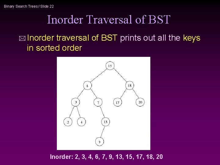 Binary Search Trees / Slide 22 Inorder Traversal of BST * Inorder traversal of