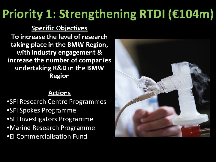 Priority 1: Strengthening RTDI (€ 104 m) Specific Objectives To increase the level of