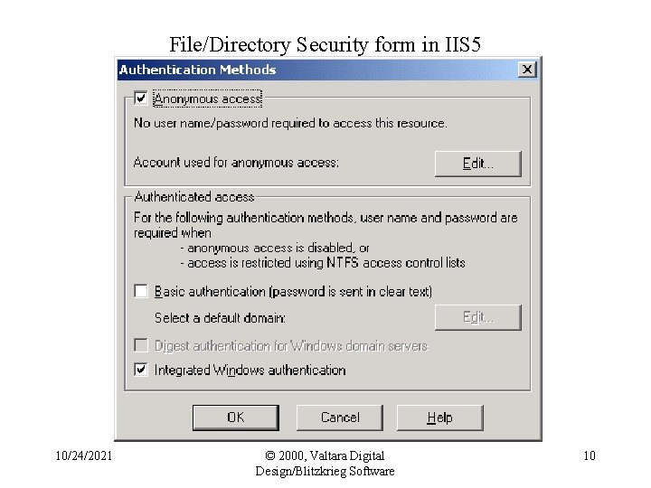File/Directory Security form in IIS 5 10/24/2021 © 2000, Valtara Digital Design/Blitzkrieg Software 10