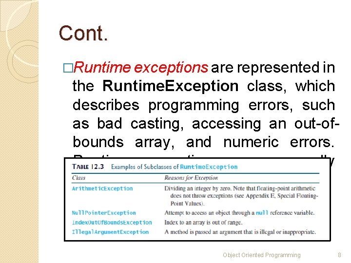Cont. �Runtime exceptions are represented in the Runtime. Exception class, which describes programming errors, Cont. �Runtime exceptions are represented in the Runtime. Exception class, which describes programming errors,