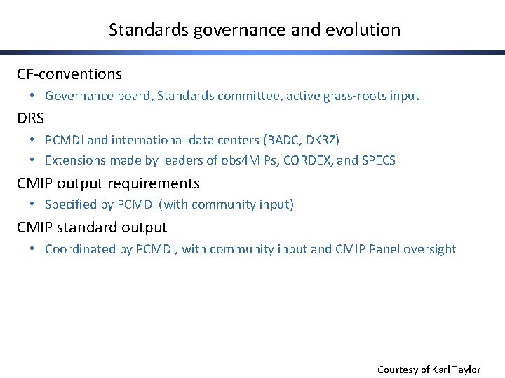 Standards governance and evolution CF-conventions • Governance board, Standards committee, active grass-roots input DRS