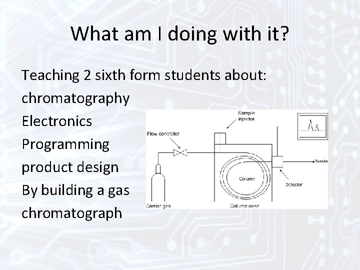 What am I doing with it? Teaching 2 sixth form students about: chromatography Electronics What am I doing with it? Teaching 2 sixth form students about: chromatography Electronics
