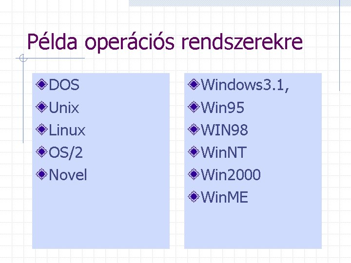 Példa operációs rendszerekre DOS Unix Linux OS/2 Novel Windows 3. 1, Win 95 WIN
