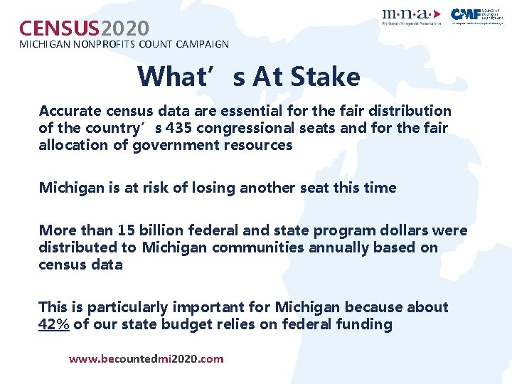 CENSUS 2020 MICHIGAN NONPROFITS COUNT CAMPAIGN What’s At Stake • Accurate census data are