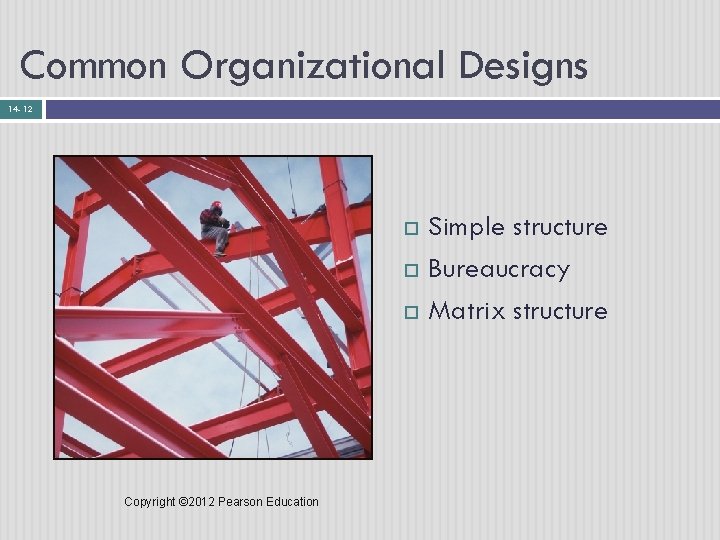 Common Organizational Designs 14 - 12 Copyright © 2012 Pearson Education Simple structure Bureaucracy
