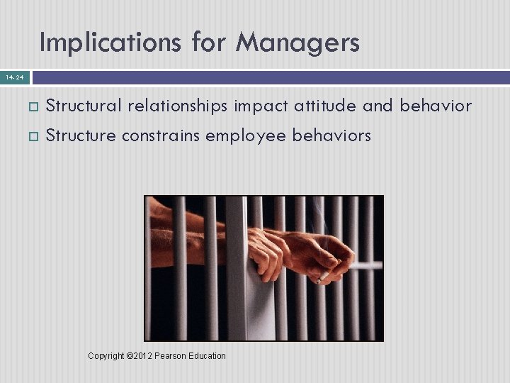 Implications for Managers 14 - 24 Structural relationships impact attitude and behavior Structure constrains