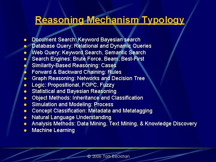 Reasoning Mechanism Typology l l l l Document Search: Keyword Bayesian search Database Query: