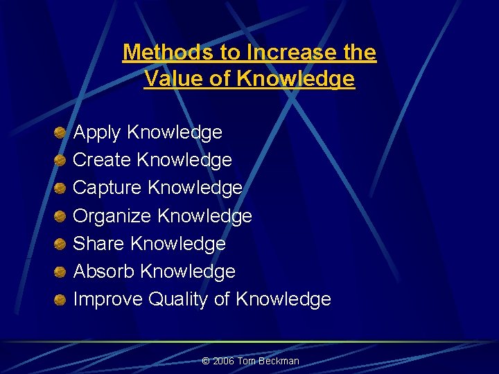 Methods to Increase the Value of Knowledge Apply Knowledge Create Knowledge Capture Knowledge Organize