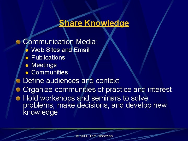 Share Knowledge Communication Media: l l Web Sites and Email Publications Meetings Communities Define