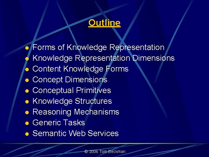 Outline l l l l l Forms of Knowledge Representation Dimensions Content Knowledge Forms