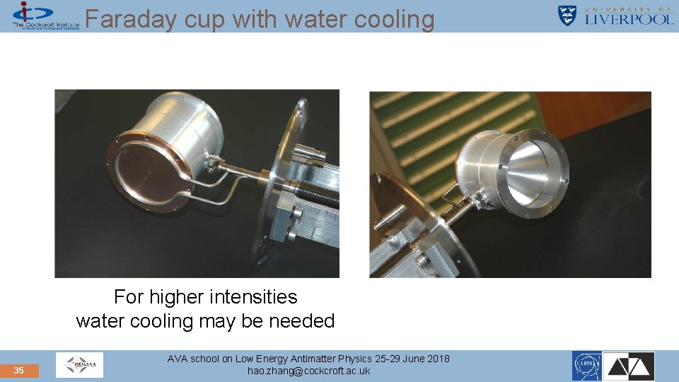 Faraday cup with water cooling For higher intensities water cooling may be needed 35