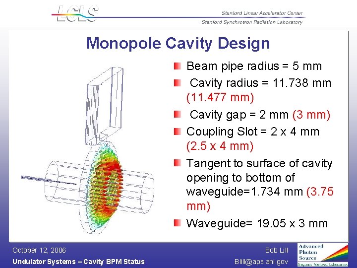 Monopole Cavity Design Beam pipe radius = 5 mm Cavity radius = 11. 738