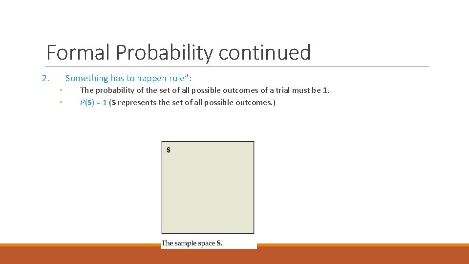 Formal Probability continued 2. Something has to happen rule”: ◦ ◦ The probability of
