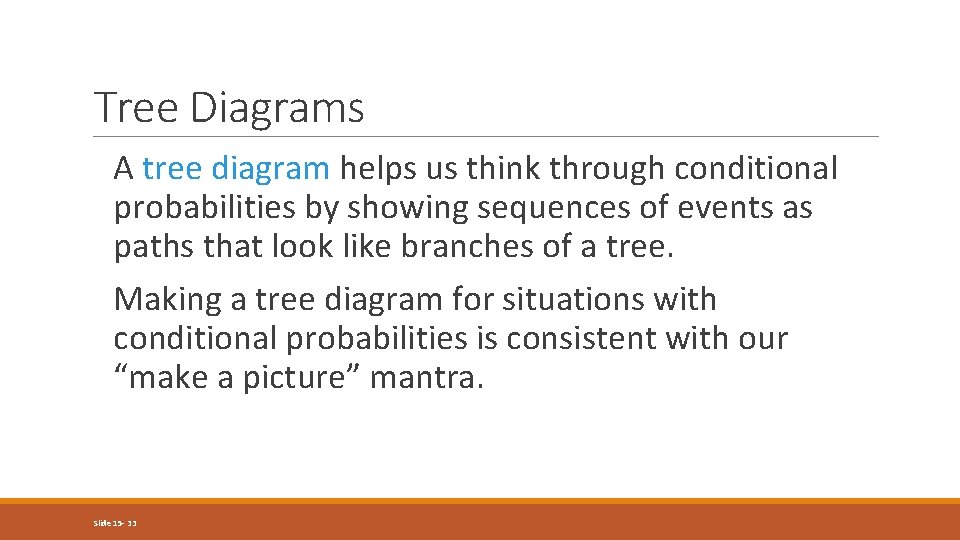 Tree Diagrams A tree diagram helps us think through conditional probabilities by showing sequences