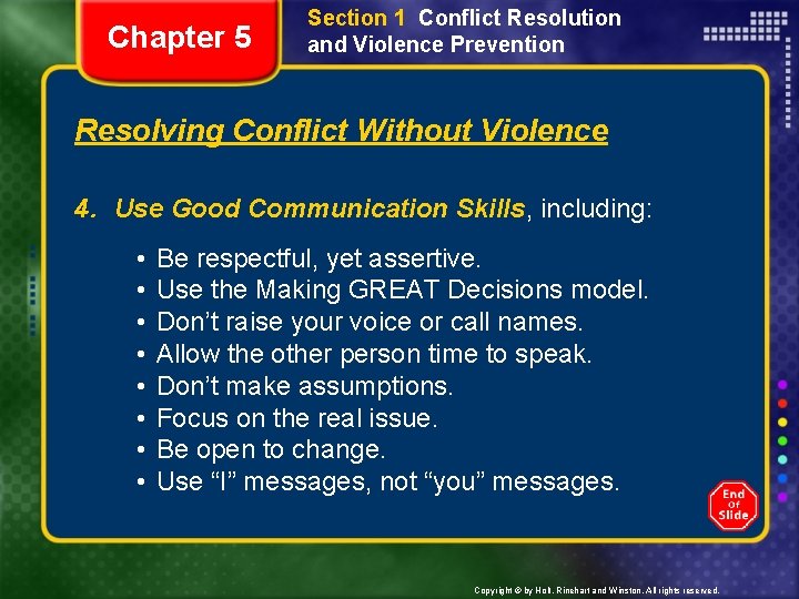 Chapter 5 Section 1 Conflict Resolution and Violence Prevention Resolving Conflict Without Violence 4.