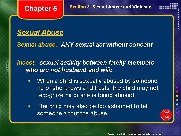 Chapter 5 Section 3 Sexual Abuse and Violence Sexual Abuse Sexual abuse: ANY sexual