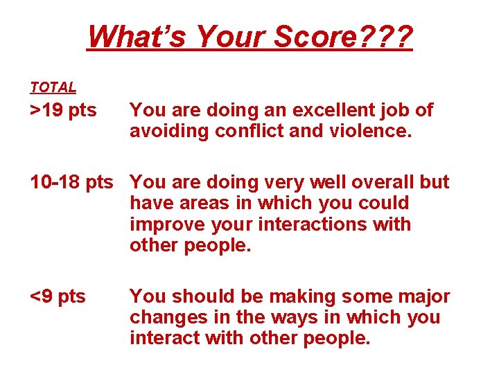 What’s Your Score? ? ? TOTAL >19 pts You are doing an excellent job