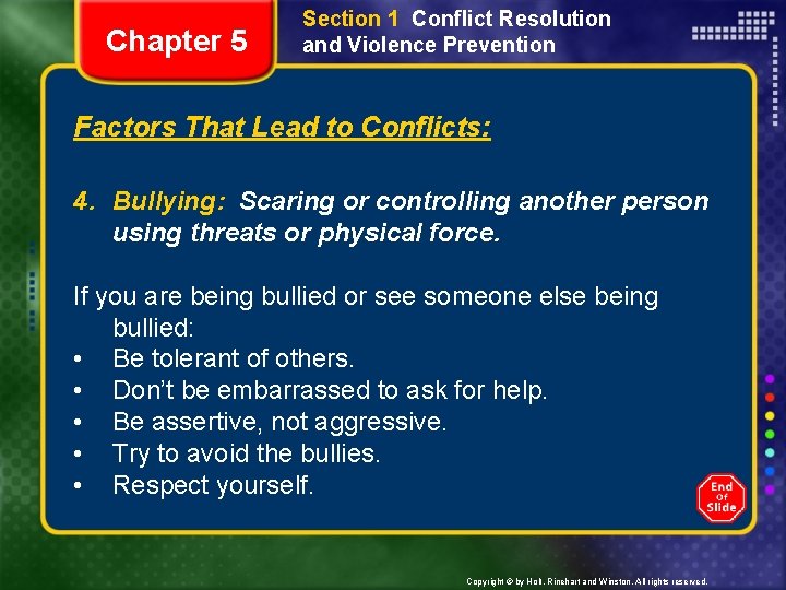 Chapter 5 Section 1 Conflict Resolution and Violence Prevention Factors That Lead to Conflicts: