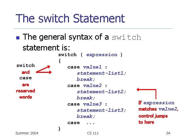 The switch Statement n The general syntax of a switch statement is: switch and