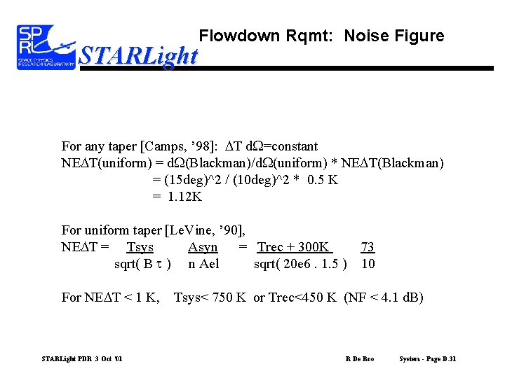 Flowdown Rqmt: Noise Figure STARLight For any taper [Camps, ’ 98]: DT d. W=constant
