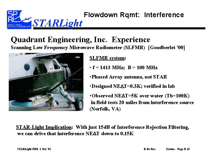 STARLight Flowdown Rqmt: Interference Quadrant Engineering, Inc. Experience Scanning Low Frequency Microwave Radiometer (SLFMR)