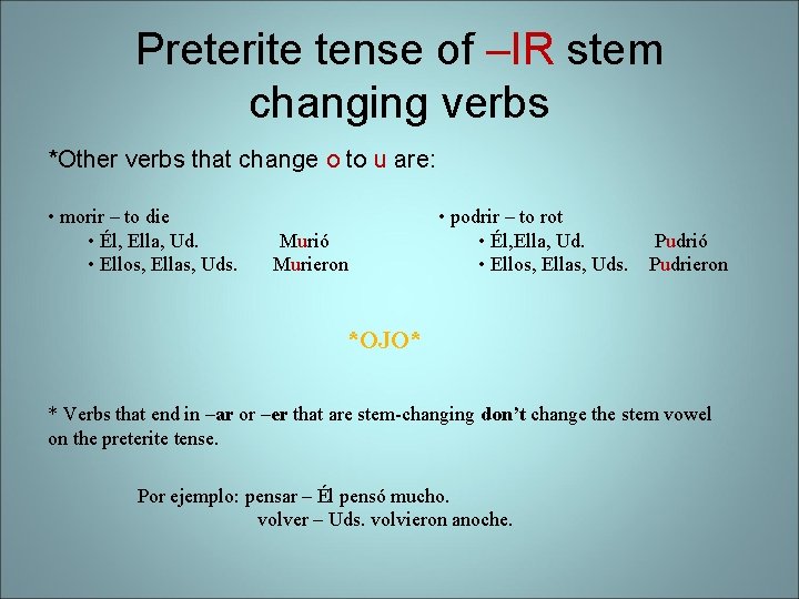 Preterite tense of –IR stem changing verbs *Other verbs that change o to u