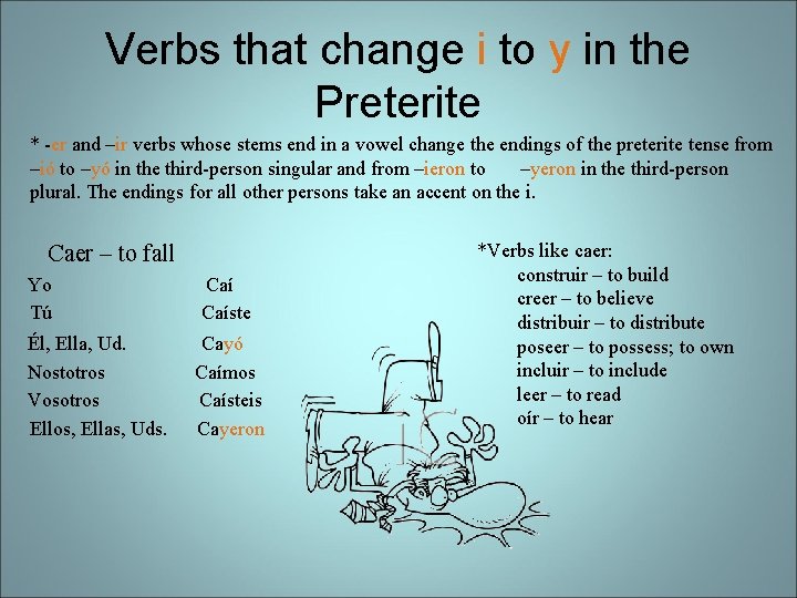Verbs that change i to y in the Preterite * -er and –ir verbs