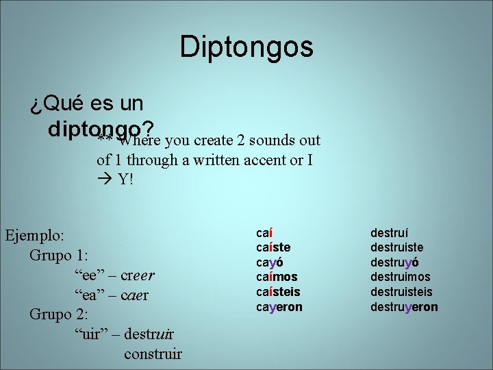 Diptongos ¿Qué es un diptongo? ** Where you create 2 sounds out of 1