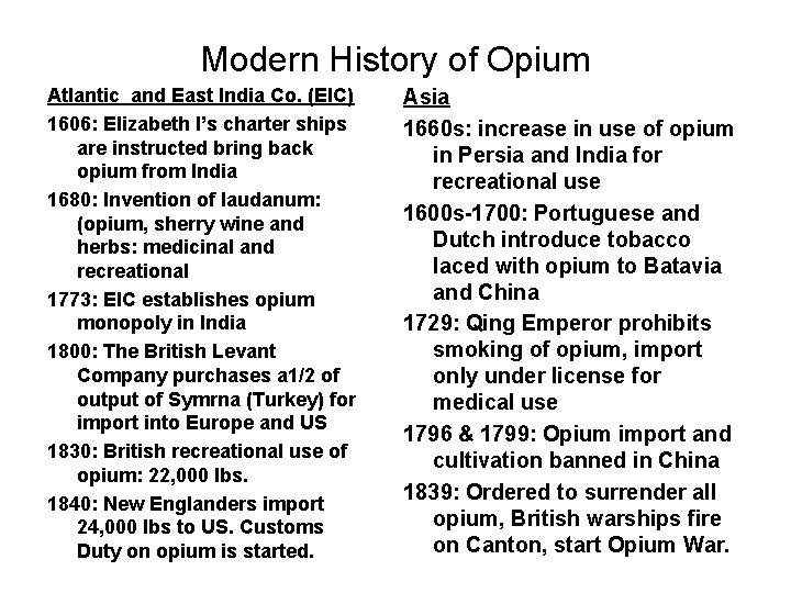 Modern History of Opium Atlantic and East India Co. (EIC) 1606: Elizabeth I’s charter