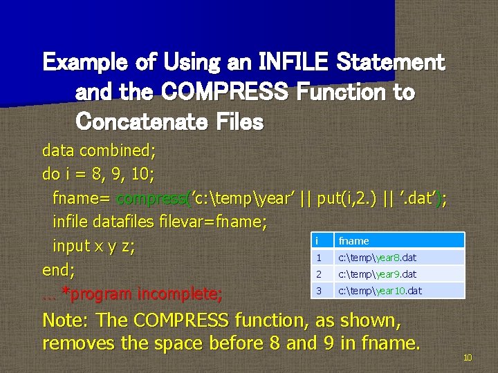 Example of Using an INFILE Statement and the COMPRESS Function to Concatenate Files data