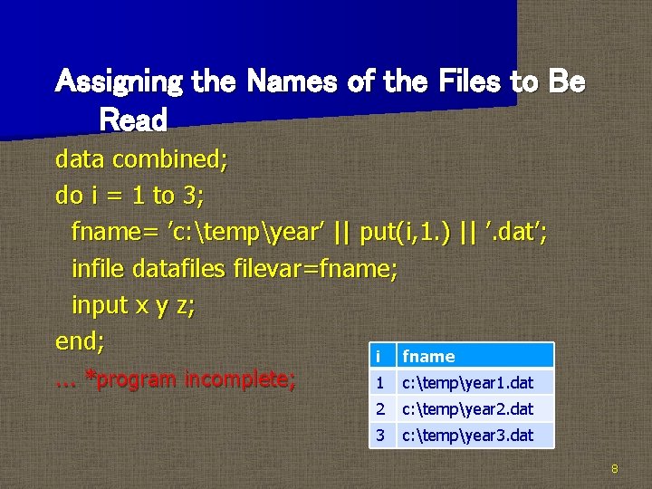 Assigning the Names of the Files to Be Read data combined; do i =