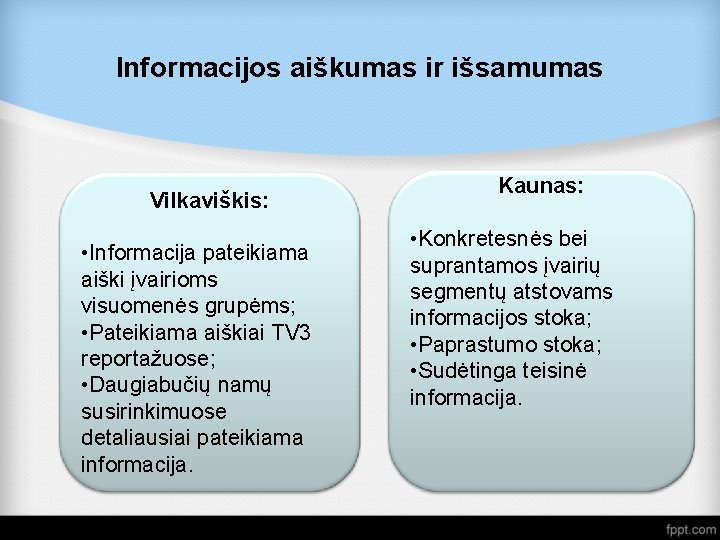 Informacijos aiškumas ir išsamumas Vilkaviškis: • Informacija pateikiama aiški įvairioms visuomenės grupėms; • Pateikiama