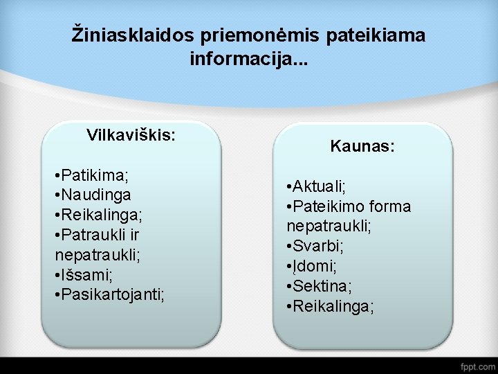 Žiniasklaidos priemonėmis pateikiama informacija. . . Vilkaviškis: • Patikima; • Naudinga • Reikalinga; •