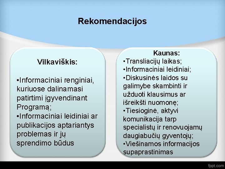 Rekomendacijos Vilkaviškis: • Informaciniai renginiai, kuriuose dalinamasi patirtimi įgyvendinant Programą; • Informaciniai leidiniai ar