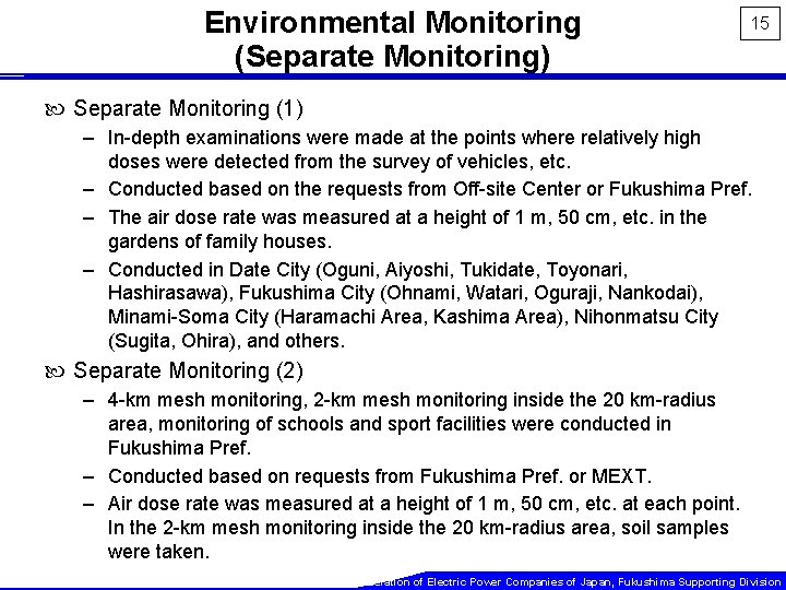 Environmental Monitoring (Separate Monitoring) 15 Separate Monitoring (1) – In-depth examinations were made at