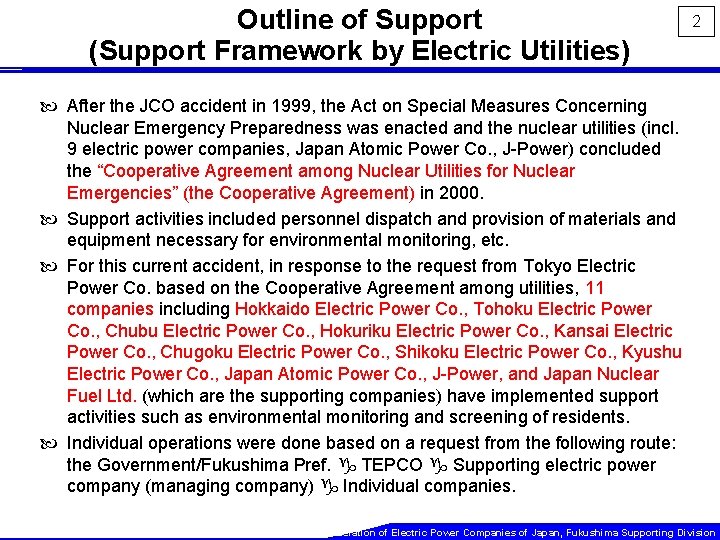 Outline of Support (Support Framework by Electric Utilities) 2 After the JCO accident in