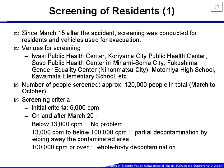 Screening of Residents (1) 21 Since March 15 after the accident, screening was conducted