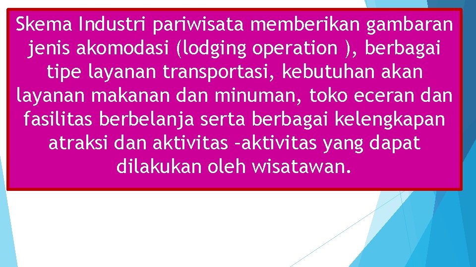 Skema Industri pariwisata memberikan gambaran jenis akomodasi (lodging operation ), berbagai tipe layanan transportasi,