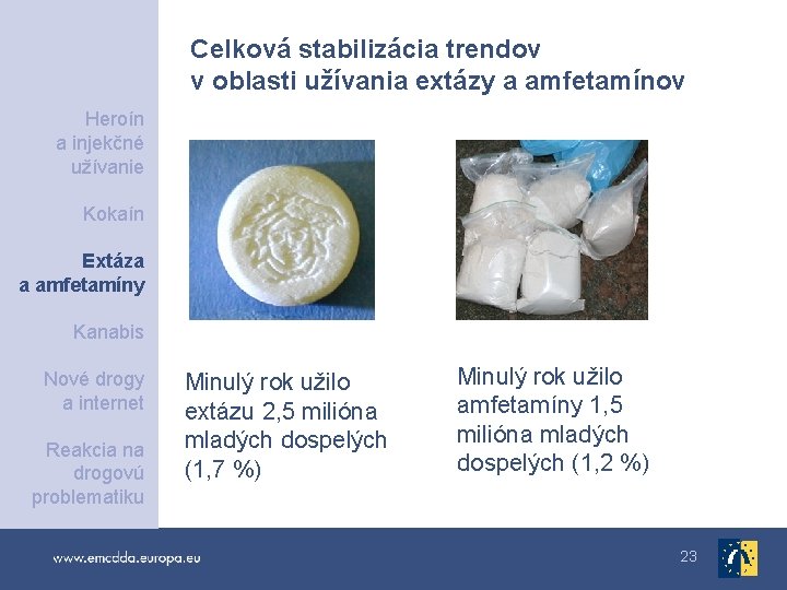 Celková stabilizácia trendov v oblasti užívania extázy a amfetamínov Heroín a injekčné užívanie Kokaín