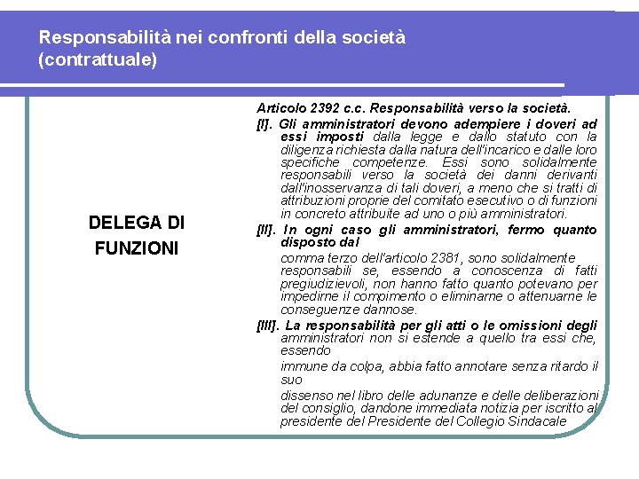 Responsabilità nei confronti della società (contrattuale) DELEGA DI FUNZIONI Articolo 2392 c. c. Responsabilità