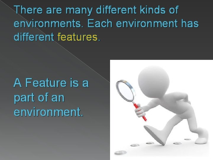 There are many different kinds of environments. Each environment has different features. A Feature