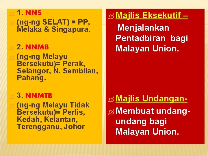  1. NNS (ng-ng SELAT) = PP, Melaka & Singapura. 2. NNMB (ng-ng Melayu